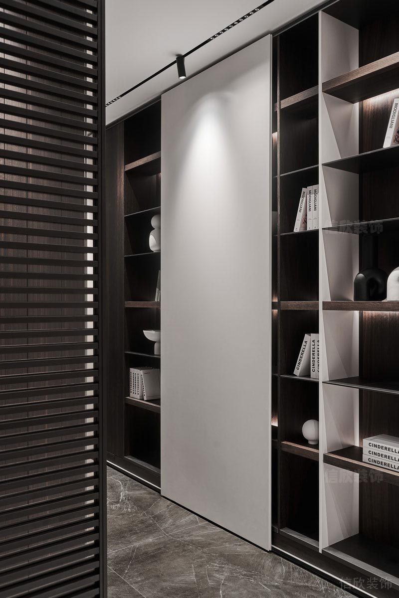 復(fù)古現(xiàn)代風(fēng)裝修木質(zhì)收納墻柜純白射燈效果圖大理石地板辦公室設(shè)計