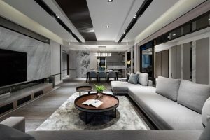 商務(wù)風直線沙發(fā)布藝灰色效果圖簡約木質(zhì)茶幾現(xiàn)代簡約風客廳裝修