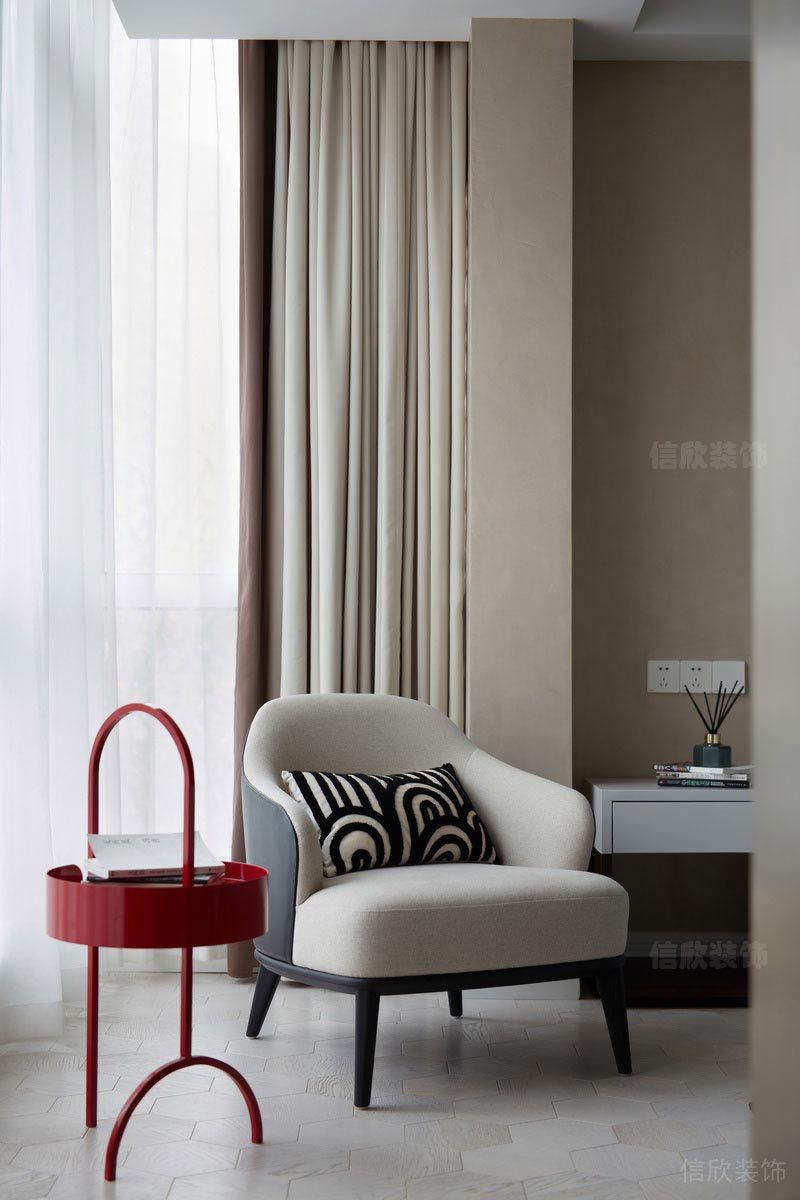 卡其色智能弧線線條紅色簡約軟裝設計臥室效果