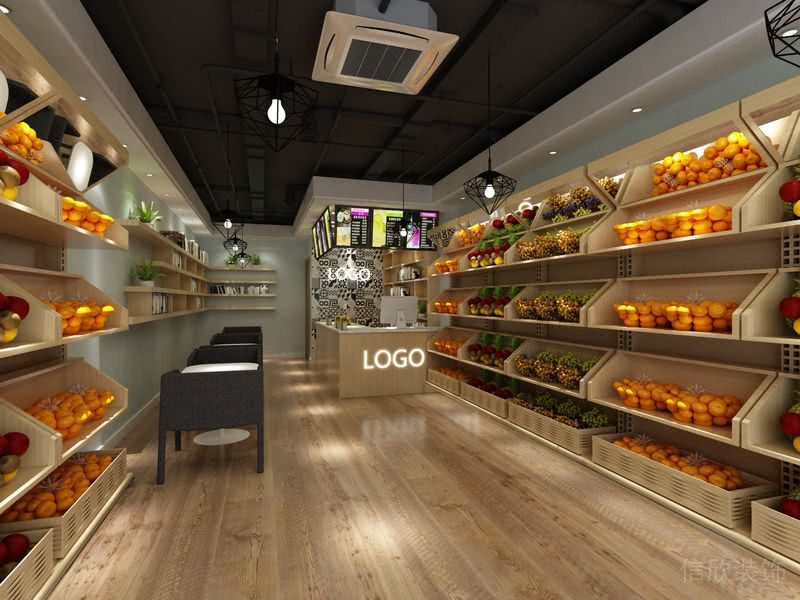 展柜開放式區(qū)域超市水果售賣區(qū)裝修效果工業(yè)風(fēng)天花中央空調(diào)實(shí)木地板過道設(shè)計