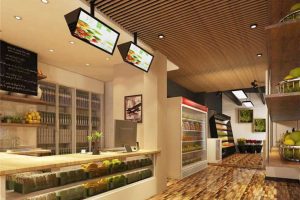 實木地板裝修設計效果超市售賣區域收銀處結賬區煙花廣告牌led展示效果