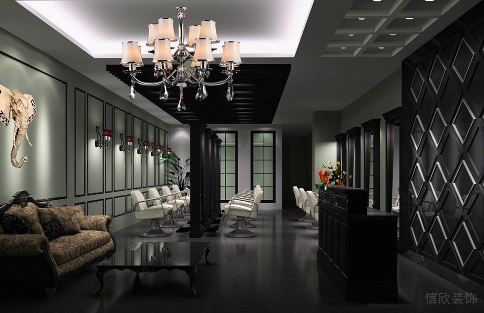 水晶天花吊頂?shù)鯄嬙O計直線形鏡面對稱發(fā)廊裝修店鋪墻體綠色涂料設計圖