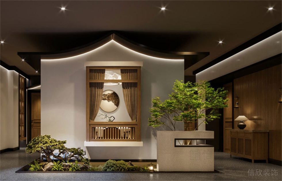 深圳寶安新中式風(fēng)格渝派川菜餐廳裝修設(shè)計前廳綠植水景效果圖