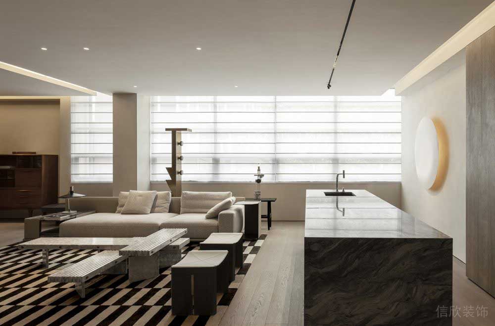 黑白灰色系布藝沙發(fā)木地板天花吊頂led燈帶裝修設計