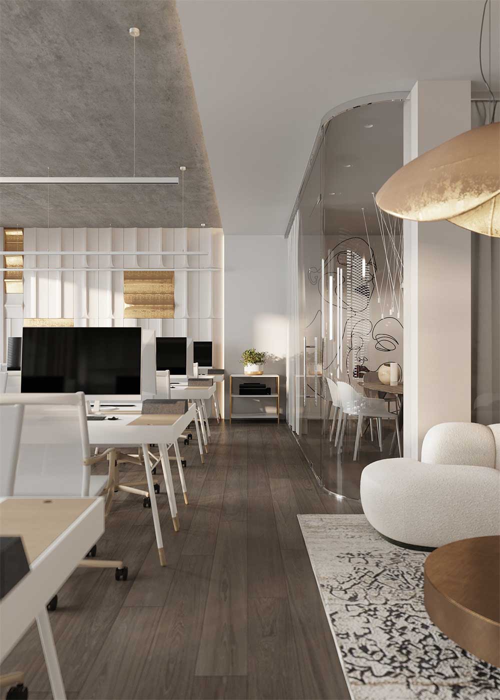 深圳羅湖500平方簡(jiǎn)約風(fēng)格辦公室裝修辦公區(qū)波紋板背景墻