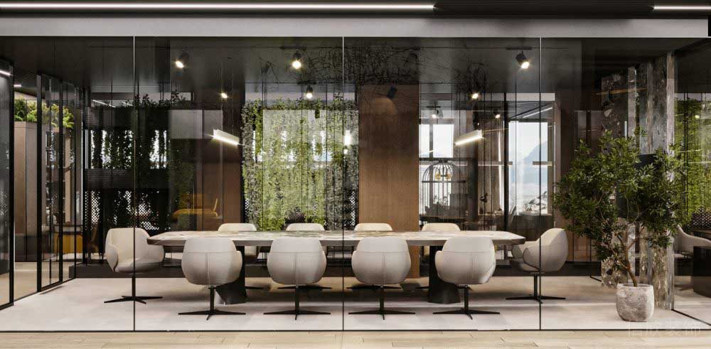 原木與黑色辦公室玻璃隔斷裝修設(shè)計效果圖