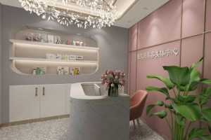 前臺(tái)接待區(qū)金屬線條背景墻方形天花吊頂裝修設(shè)計(jì)效果圖