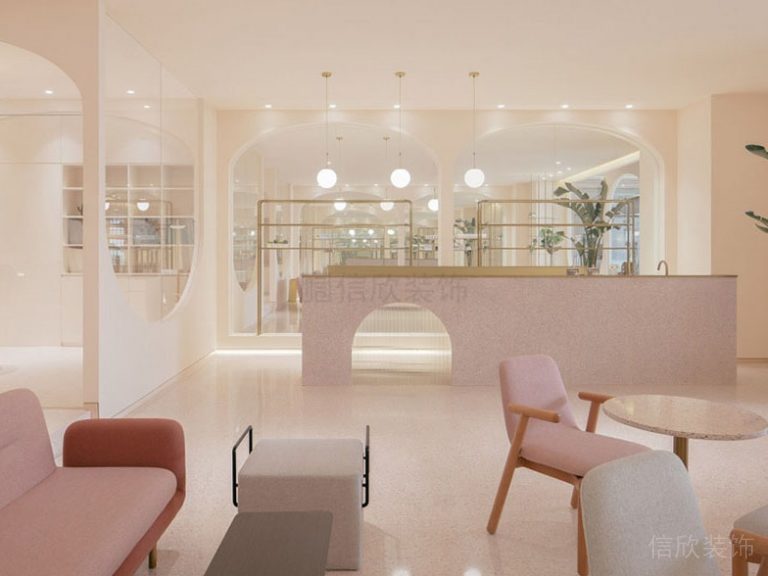 皮粉色鏤空墻體瑜伽機構裝修設計大廳休息區