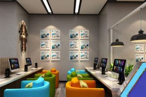 彩色對稱式設計網吧效果簡約現代北歐風格裝修設計圖。