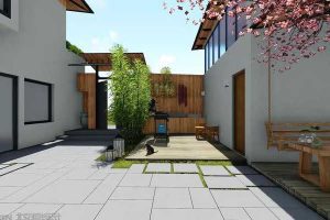 戶外中式風(fēng)庭院裝修效果圖瓷磚地臺(tái)休息區(qū)