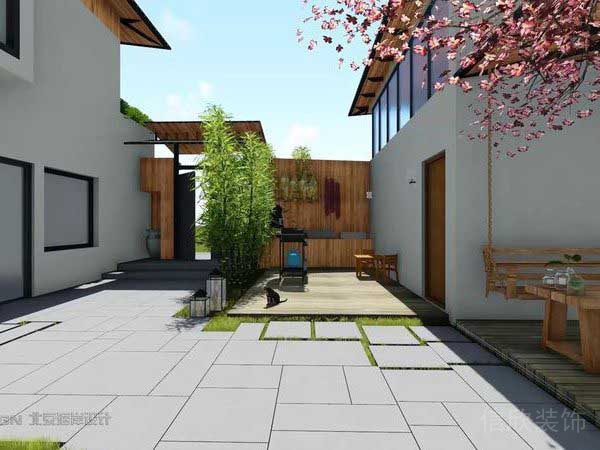 戶外中式風(fēng)庭院裝修效果圖瓷磚地臺(tái)休息區(qū)