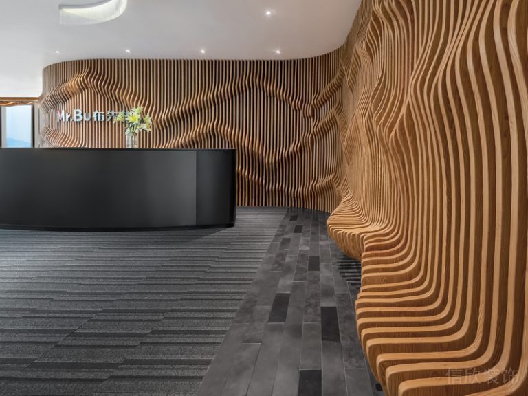 環(huán)形前臺(tái)區(qū)大廳崎嶇線條中國(guó)山水畫曲折設(shè)計(jì)辦公室地毯裝修