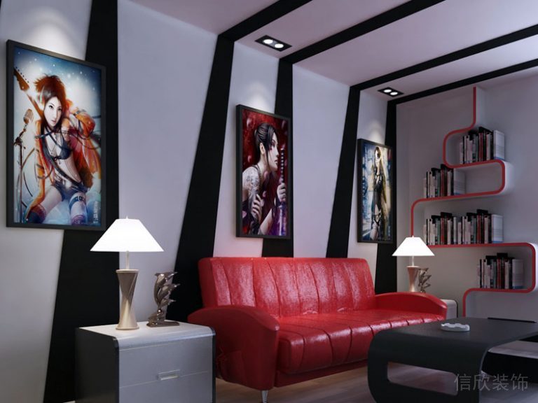 紅色皮革沙發(fā)休息區(qū)域電競(jìng)酒店裝弧線書柜墻體收納大堂等候區(qū)裝修