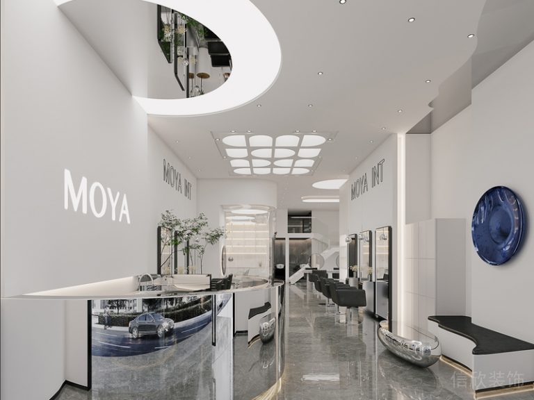 弧形理發(fā)店裝修現(xiàn)代未來科技感藍色墻體設計大理石過道裝修設計效果圖