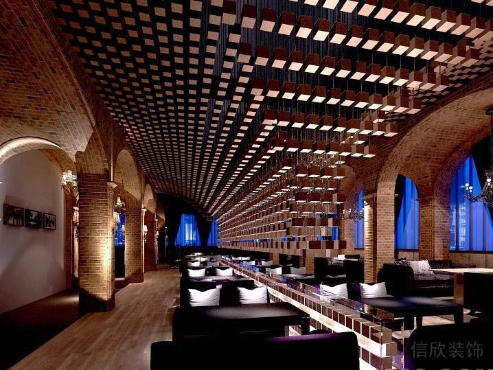 洞洞板天花弧線墻體一體式設(shè)計(jì)酒吧就餐區(qū)古典風(fēng)拱形復(fù)古墻磚過(guò)道木質(zhì)創(chuàng)意效果圖