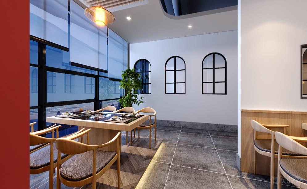 新中式風格火鍋店6人餐區(qū)雅座裝修圖