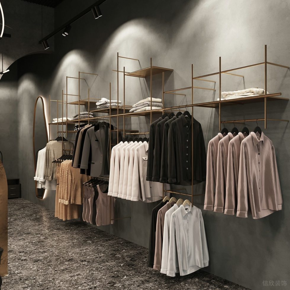 深圳市龍崗區平湖“森林” 名牌服裝店裝修設計水泥墻面金色鋼管衣架 深圳市龍崗區平湖“森林” 名牌服裝店裝修設計水泥墻面金色鋼管衣架