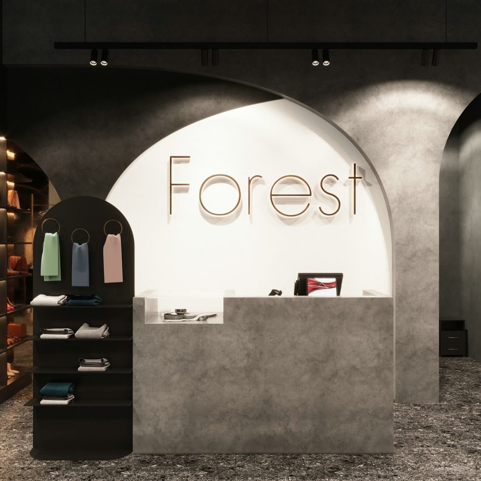 深圳市龍崗區平湖“森林” 名牌服裝店裝修設計水泥紋理前臺 深圳市龍崗區平湖“森林” 名牌服裝店裝修設計前臺