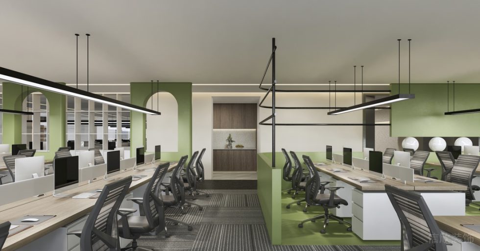 深圳寶安易尚中心2000平方米簡約風格辦公室裝修案例辦公區線條吊燈