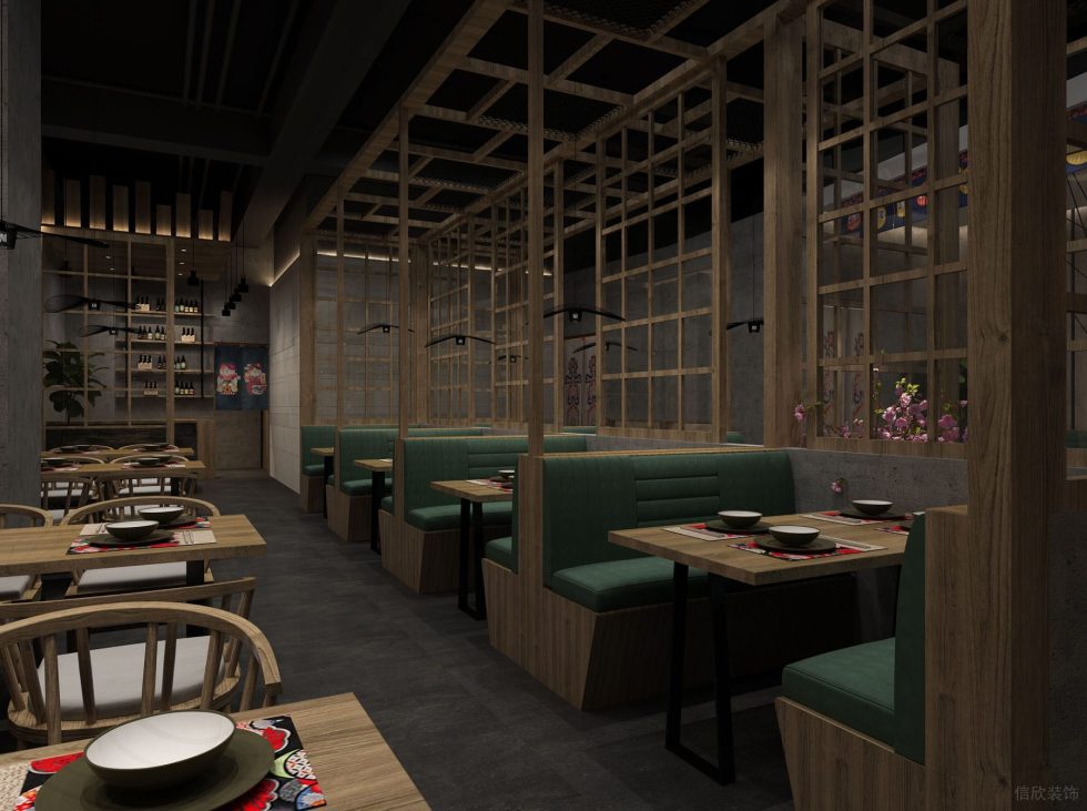 深圳市龍崗區(qū)坂田日式料理店裝修設(shè)計(jì)四人卡座區(qū)
