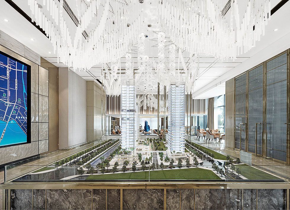 深圳福田區(qū)生命保險(xiǎn)大廈蓮花玫瑰金色調(diào)輕奢風(fēng)格辦公室裝修設(shè)計(jì)案例 大廳概覽圖