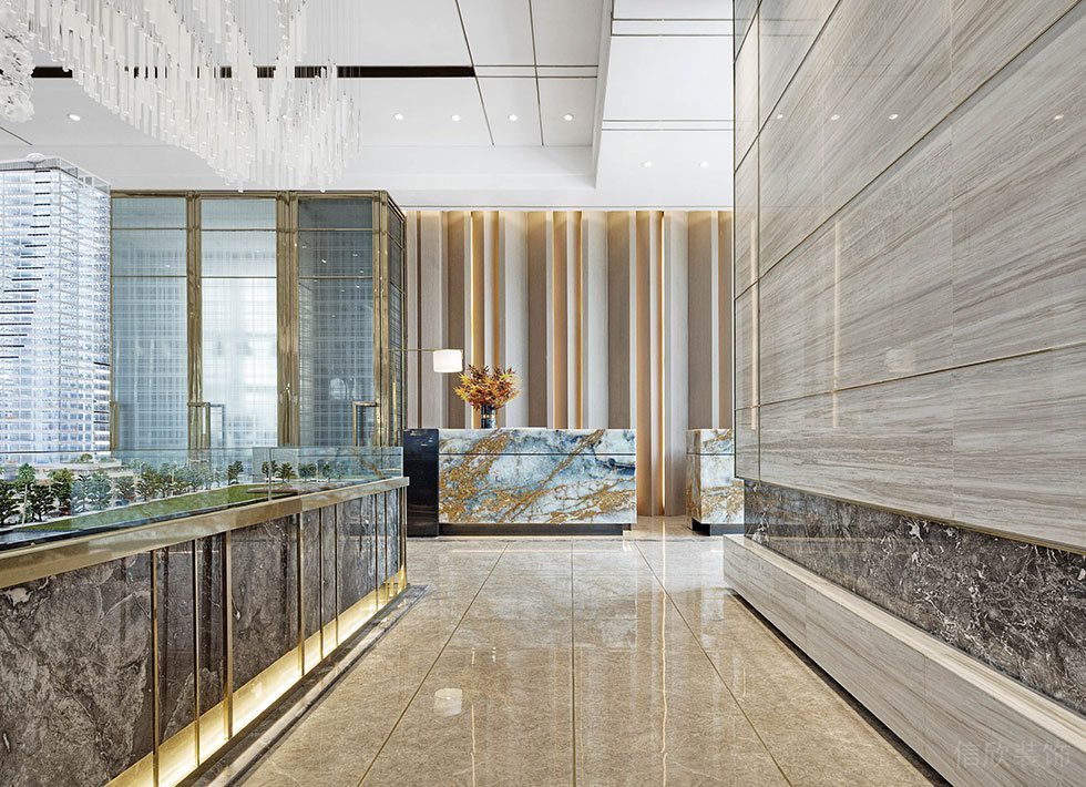 深圳福田區(qū)生命保險(xiǎn)大廈蓮花玫瑰金色調(diào)輕奢風(fēng)格辦公室裝修設(shè)計(jì)案例 走廊