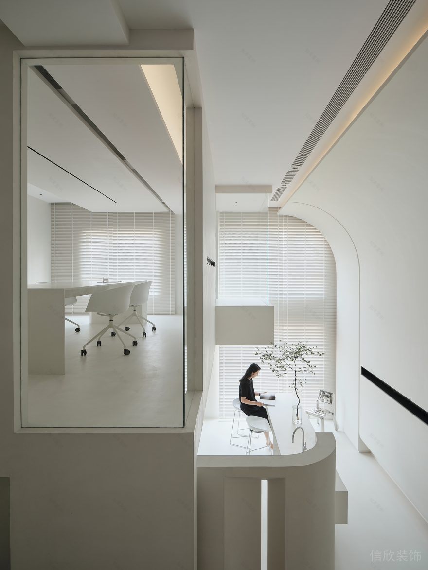 純白色極簡(jiǎn)風(fēng)小型辦公室裝修案例天花暖色調(diào)暗藏?zé)魩? alt=