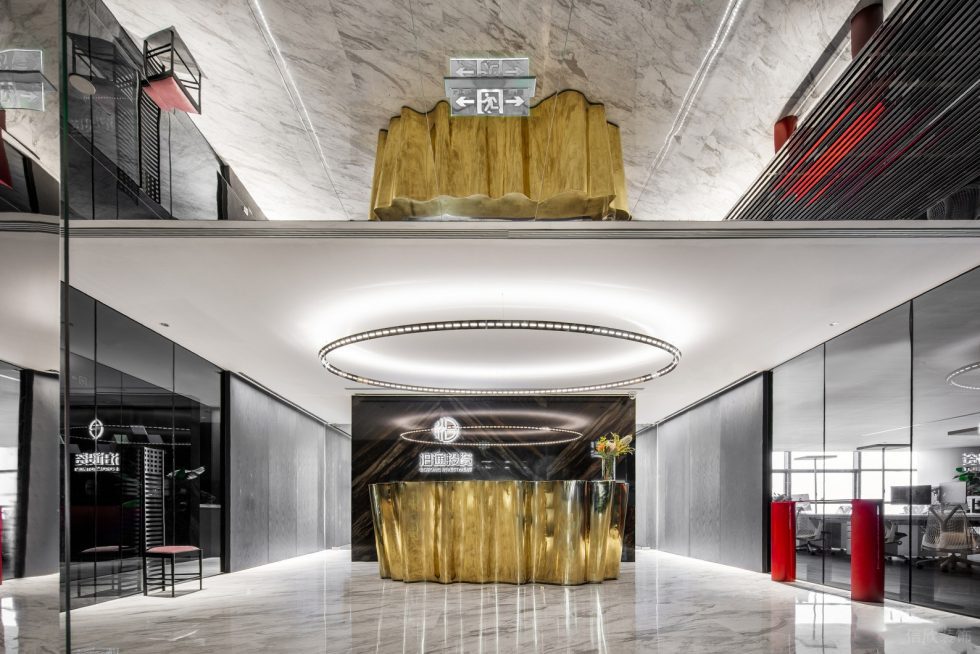 時尚金屬風(fēng)辦公室裝修設(shè)計 大廳香檳金服務(wù)咨詢臺