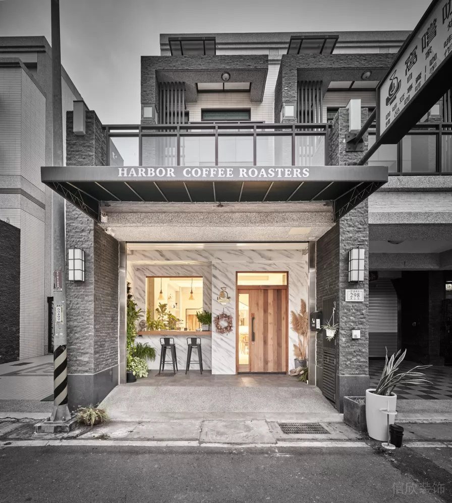 現(xiàn)代簡約風(fēng)咖啡廳凹凸磚墻搭光滑大理石瓷磚門店設(shè)計效果圖