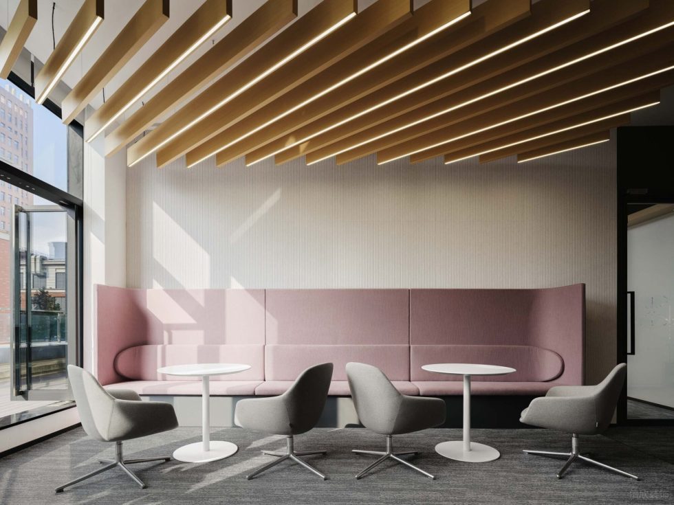 淡雅色簡約現(xiàn)代風(fēng)辦公室裝修設(shè)計(jì)灰粉色會(huì)客接待區(qū)