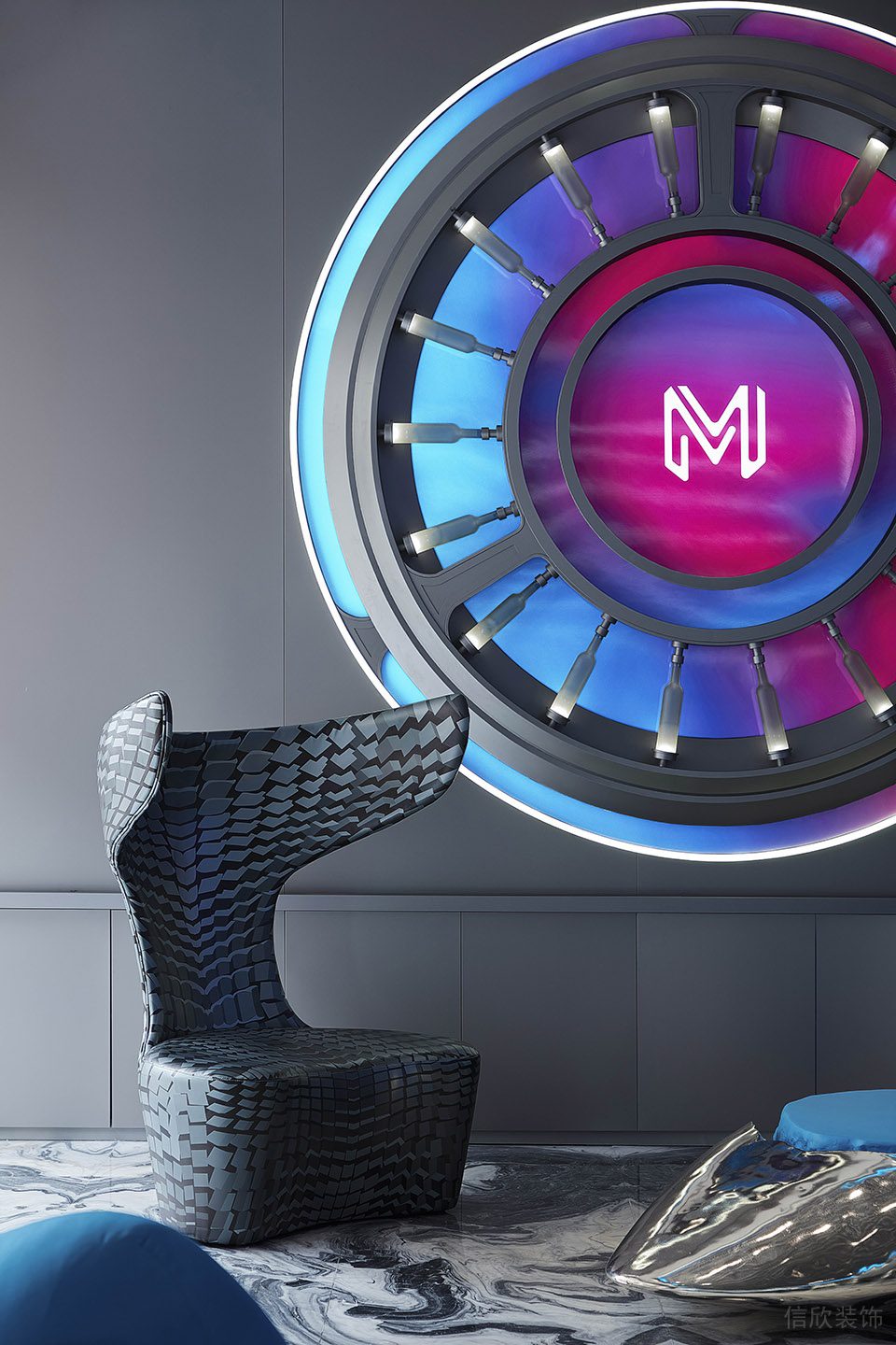 賽博朋克風格辦公室裝修設計灰藍色藝術單人沙發 賽博朋克風格辦公室裝修設計灰藍色藝術單人沙發