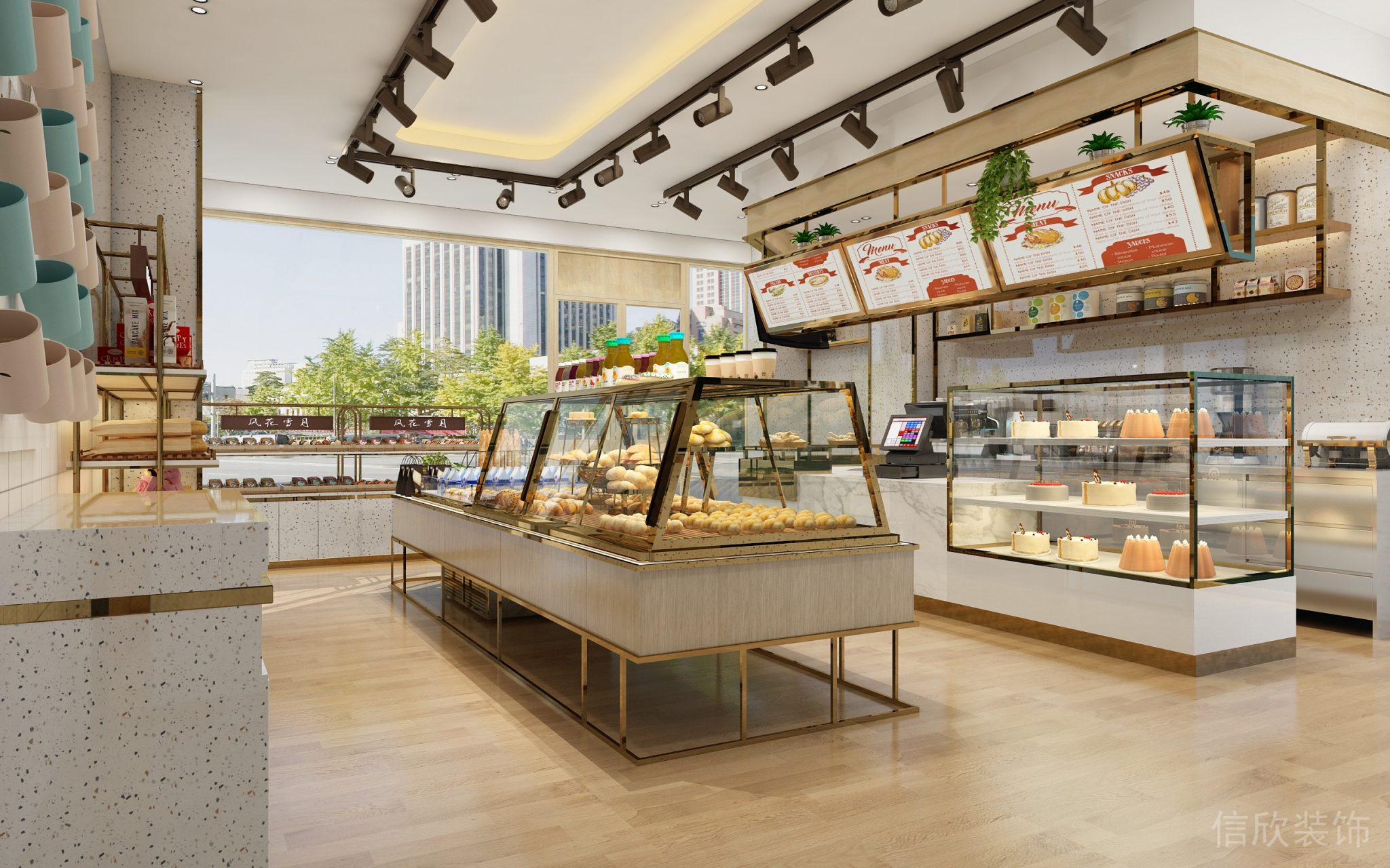 深圳福田下沙面包店白色大理石收銀服務(wù)臺裝修設(shè)計