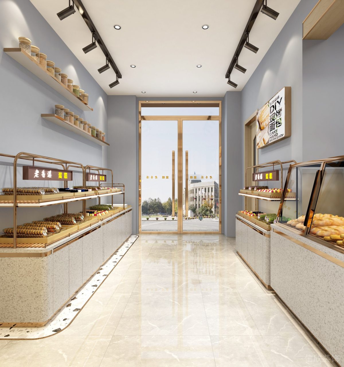 深圳福田下沙面包店灰色墻面木紋展柜裝修設(shè)計