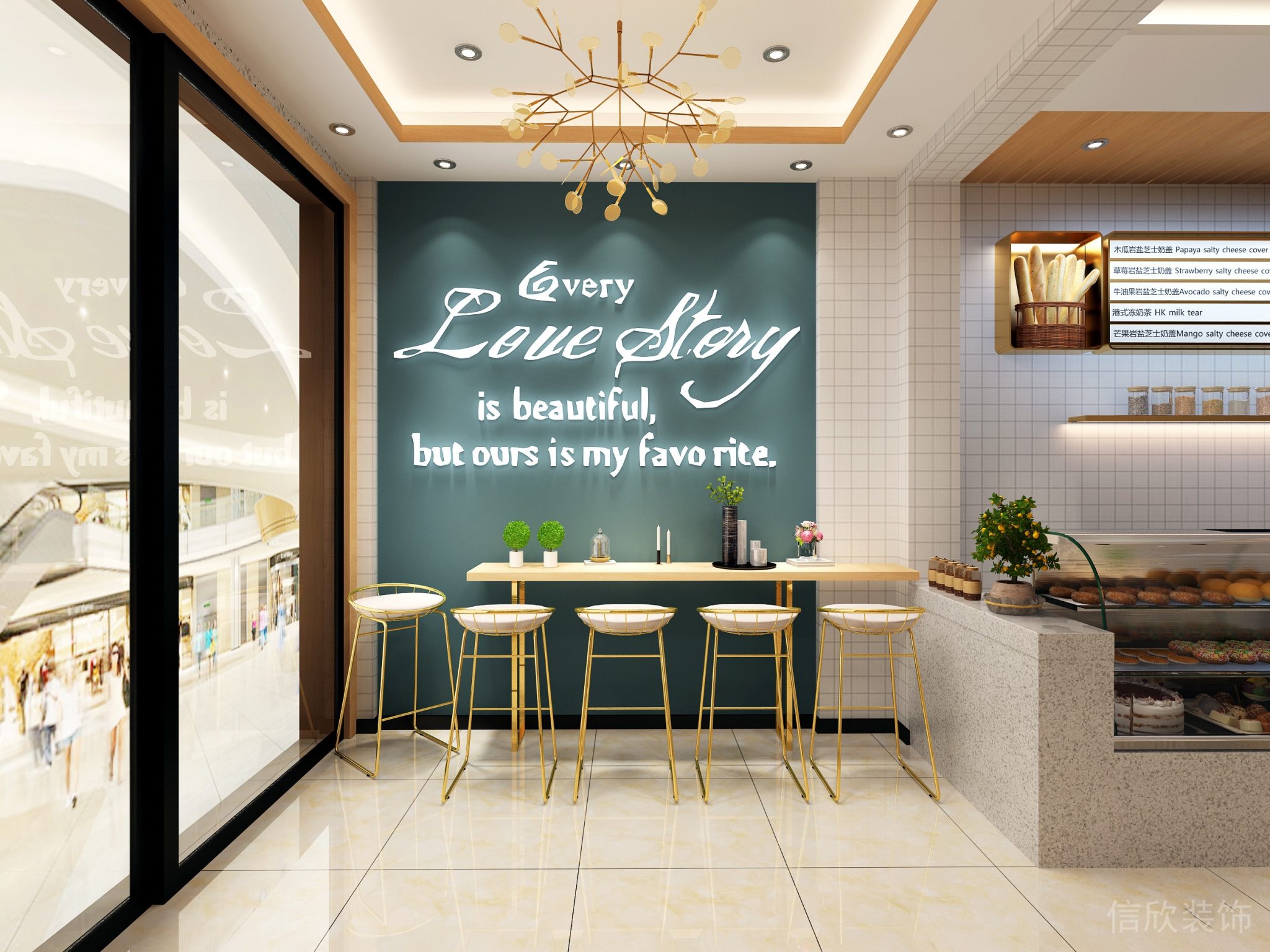 深圳福田下沙面包店靠墻邊餐桌裝修設(shè)計