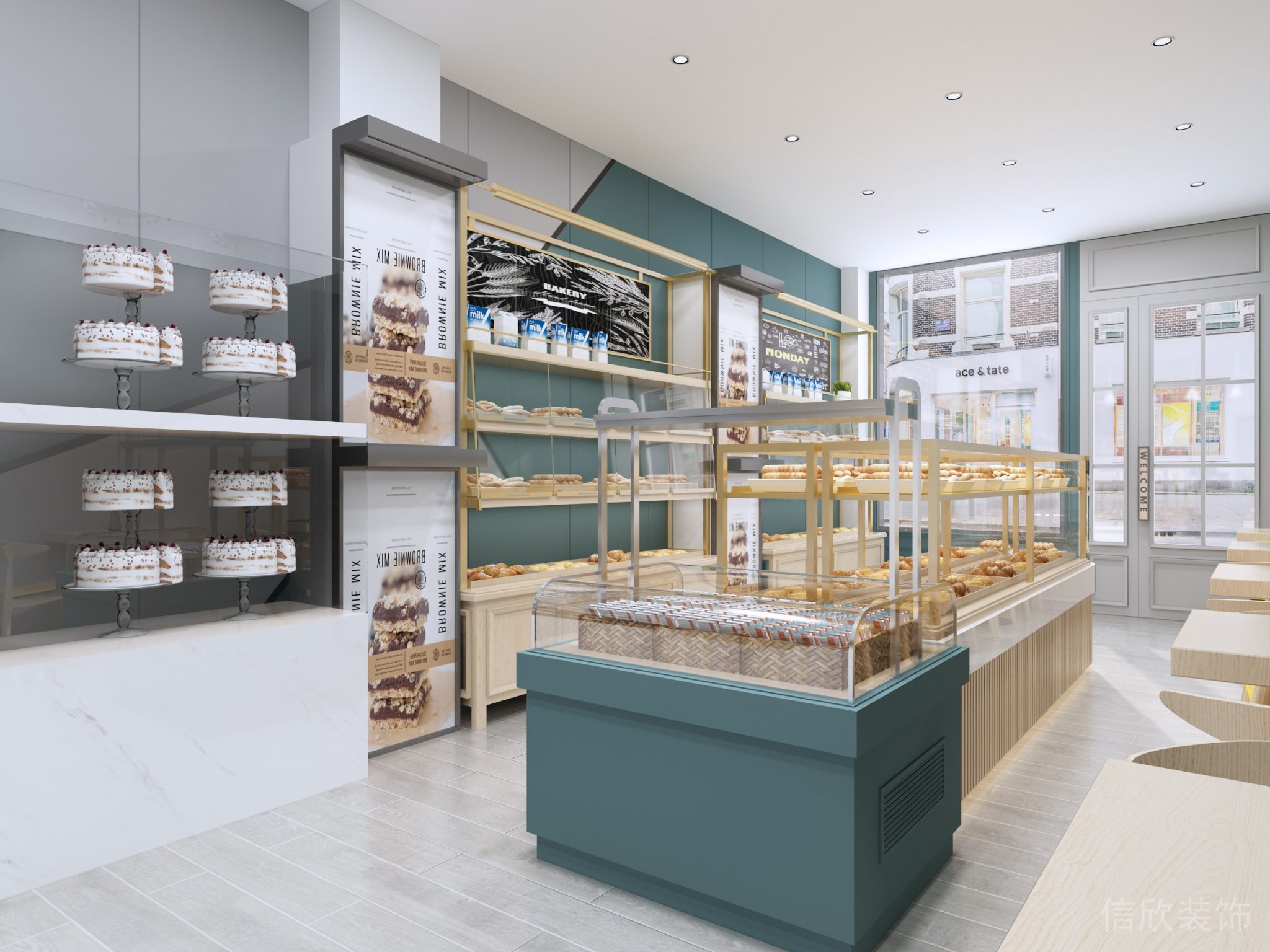 深圳福田下沙面包店藍色墻面藍色展柜裝修設(shè)計