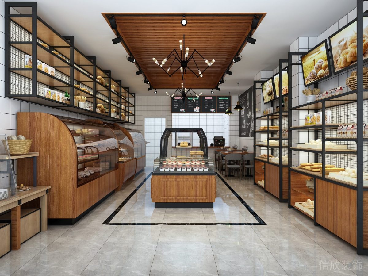 深圳福田下沙面包店墻面周邊鐵藝展柜裝修設(shè)計
