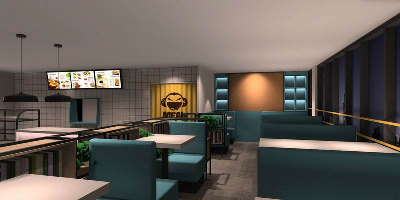 深圳龍華民治快餐店藍(lán)色軟包卡座裝修設(shè)計(jì)