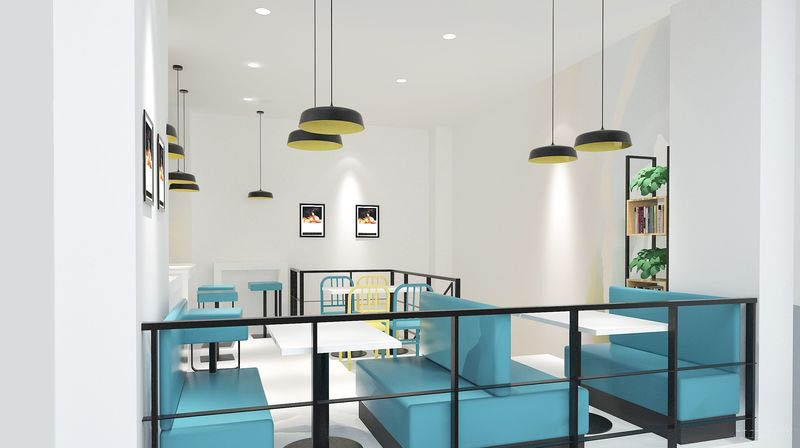 深圳龍華民治快餐店藍(lán)色軟包卡座白色桌子裝修設(shè)計(jì)