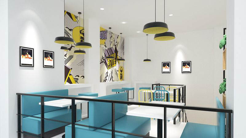 深圳龍華民治快餐店四人桌藍(lán)色軟包卡座裝修設(shè)計(jì)