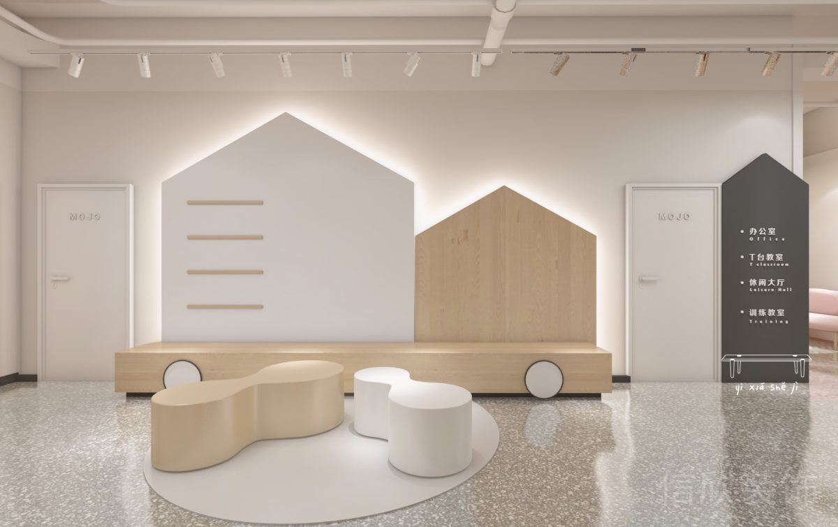 深圳順泰中晟大廈嘛啾自信養(yǎng)成藝術(shù)大廳教室設計墻面尖頂展板背面燈光效果