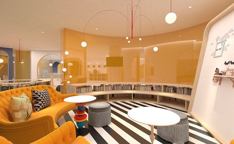 畢加索國際美術教育中心環(huán)形閱讀區(qū)黃色沙發(fā)