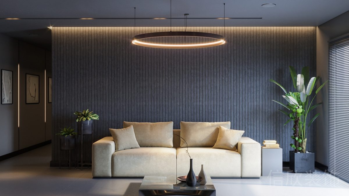 大堂等候休息區真皮沙發環形吊頂木飾面裝修設計