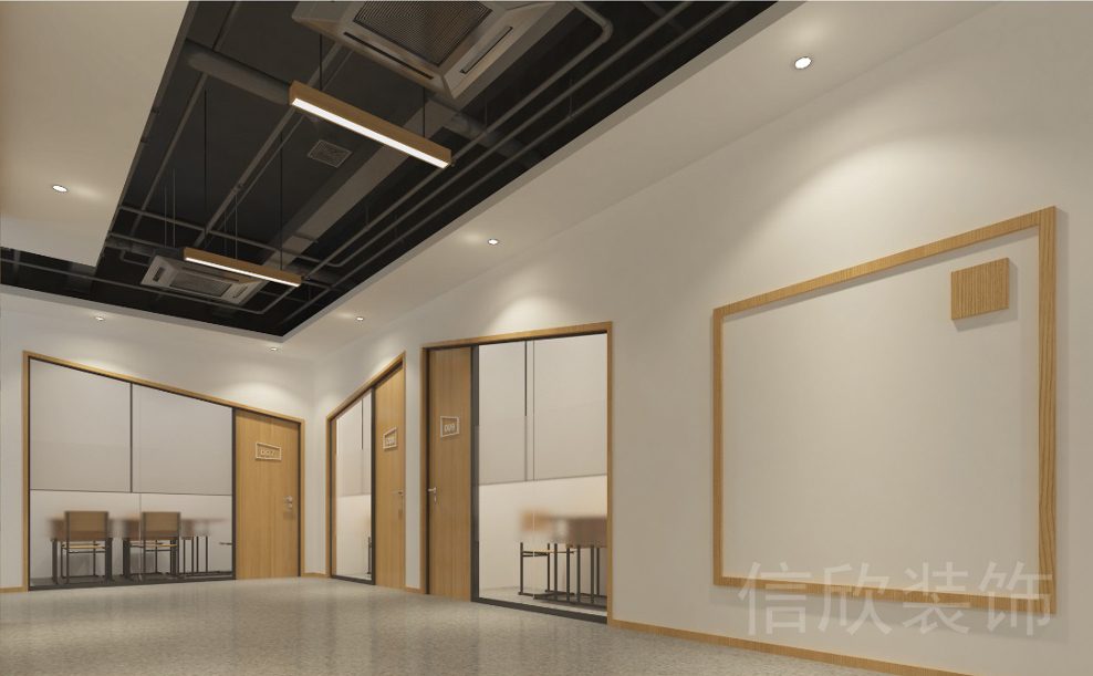 深圳市龍華區(qū)1970科技小鎮(zhèn)中小工作室木框斜形門框藝術(shù)造型辦公區(qū)域門前過道墻體木框展示作品成果