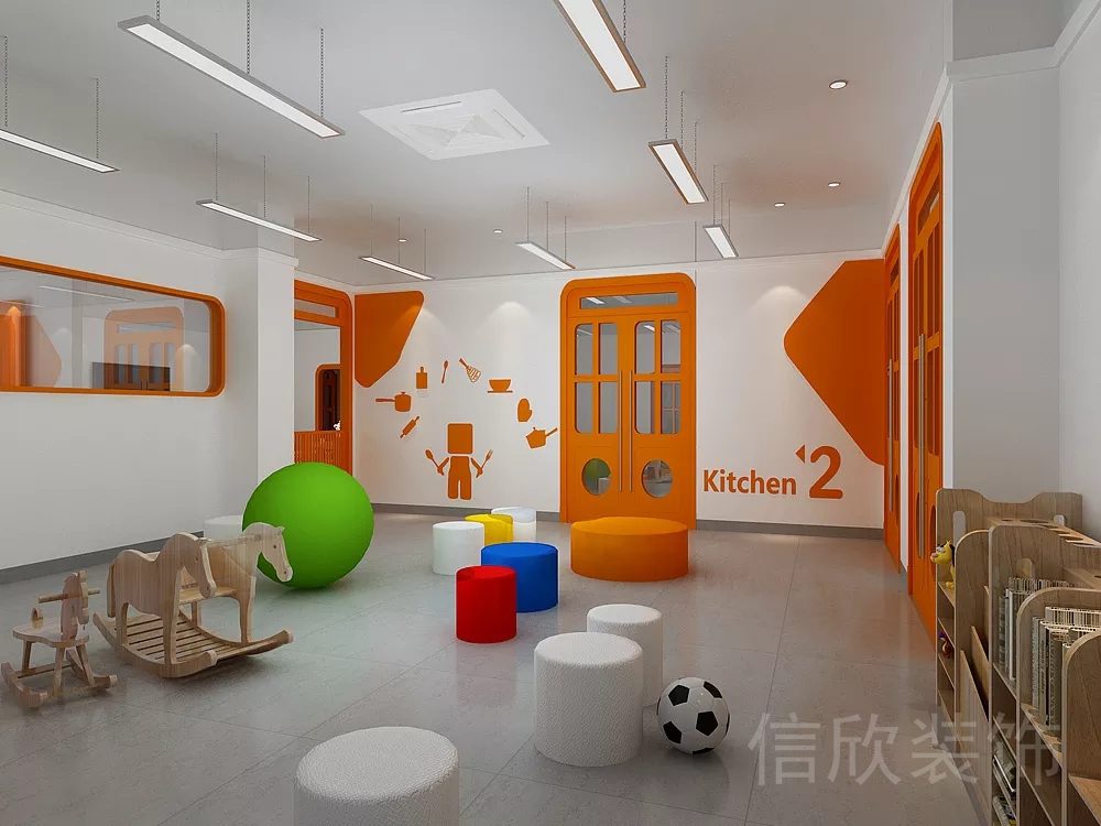橙色楓木現(xiàn)代風卡通烘焙DIY培訓機構教室休息區(qū)裝修設計