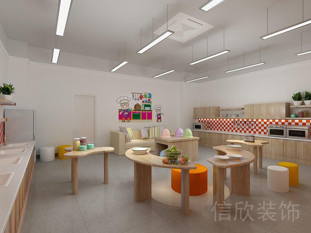橙紅楓木簡約風兒童卡通烘焙DIY培訓機構教室廚房區(qū)裝修設計