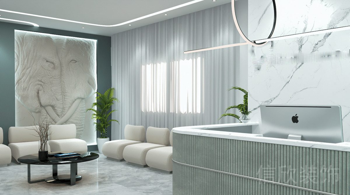 大象石膏肌理壁畫大理石綠柱豎條紋大堂前臺(tái)效果圖