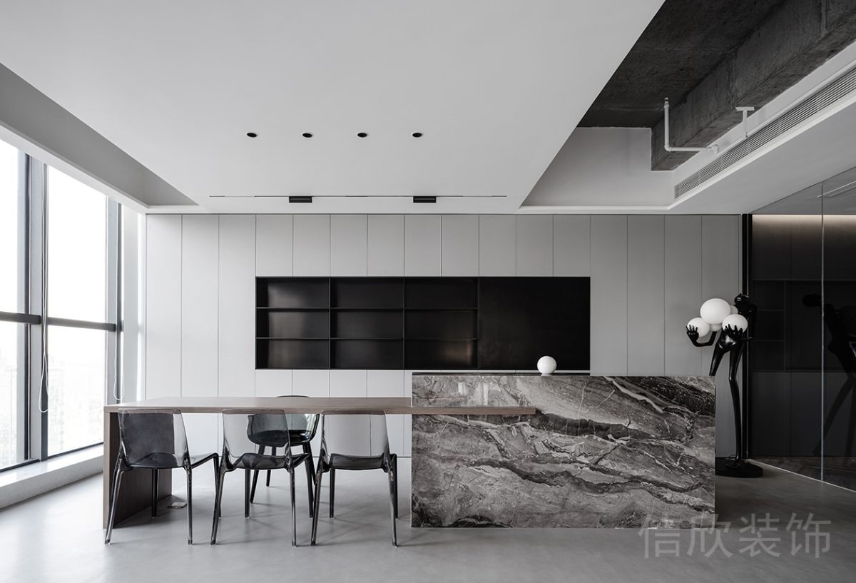 黑白灰現(xiàn)代風格辦公空間石材吧臺裝修設(shè)計