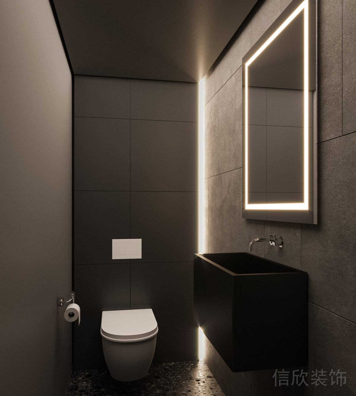 灰黑深色清冷色調水磨石廁所裝修