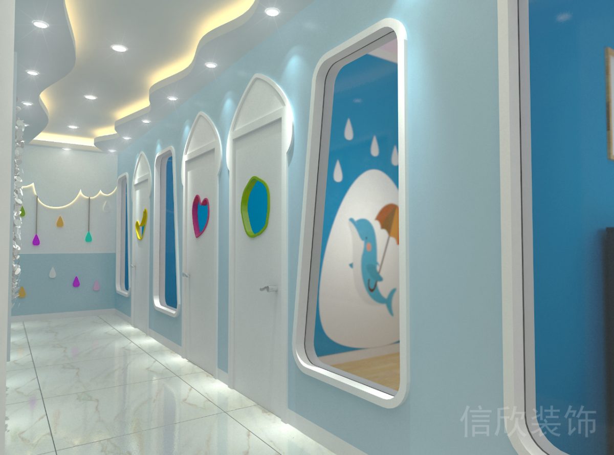 海豚街國(guó)際少兒鋼琴培訓(xùn)中心過(guò)道波浪曲線天花吊頂裝修