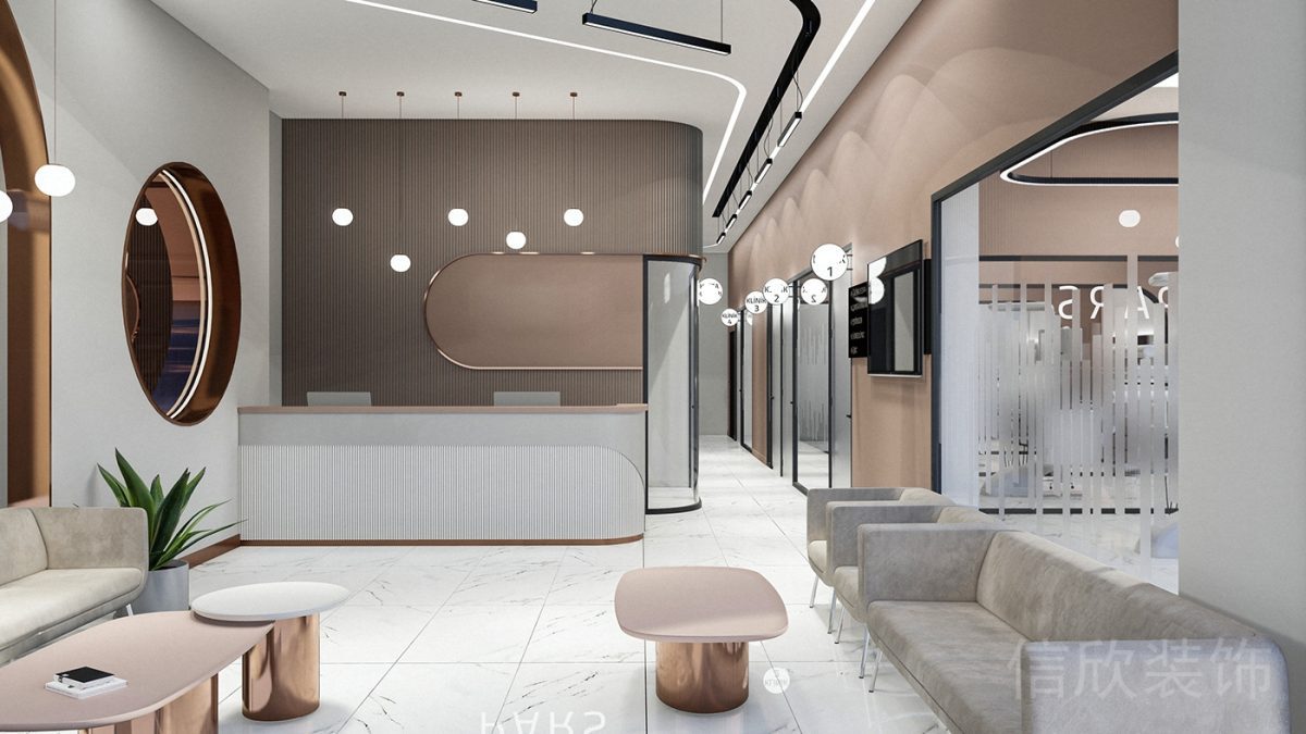 弧形設(shè)計(jì)豎條紋前臺(tái)接待處粉色金屬家具設(shè)計(jì)